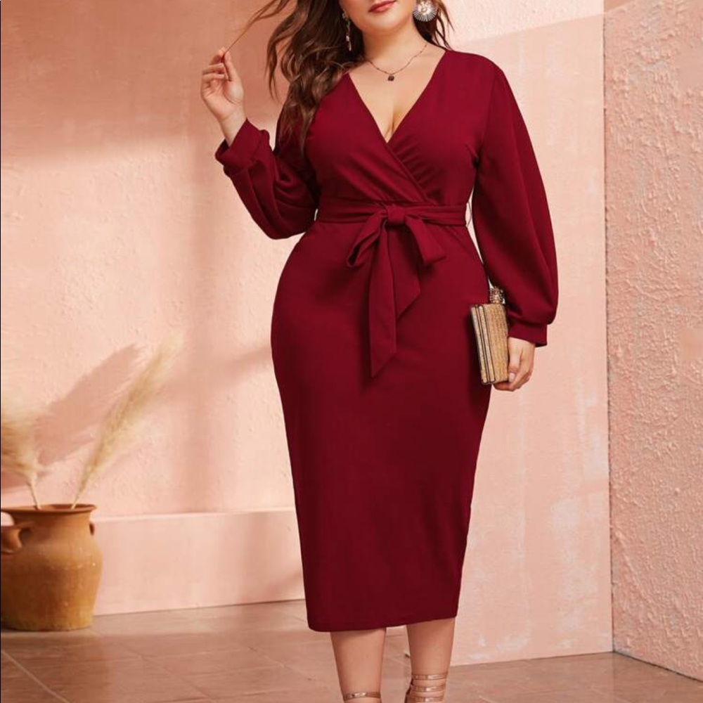 SHEIN Plus Plunging Neck Wrap Belted Pencil Dress - Picture 9 of 11